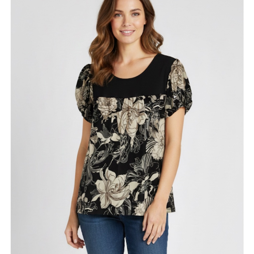CAROL ROSE Floral Print Pullover Top, Women’s M, Black White Brown